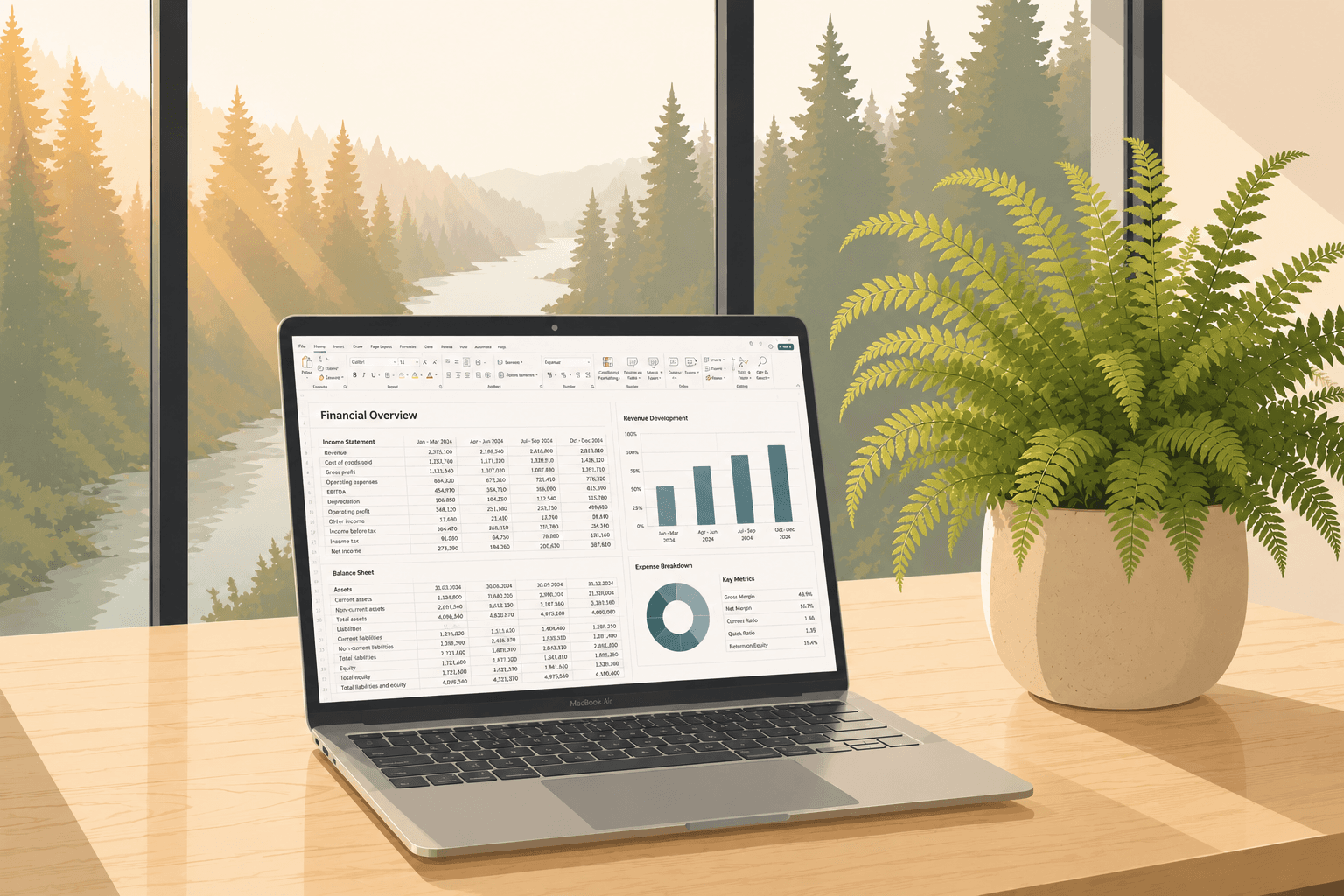 MacBook met financieel overzicht en varenplant